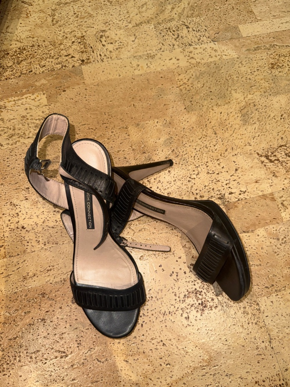 French Connection Black Leather Stiletto Sandals